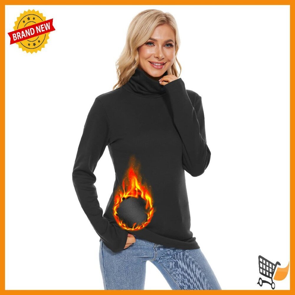 Fleece Lined Cotton Turtleneck Top Long Sleeve Thermal Slim Fit
